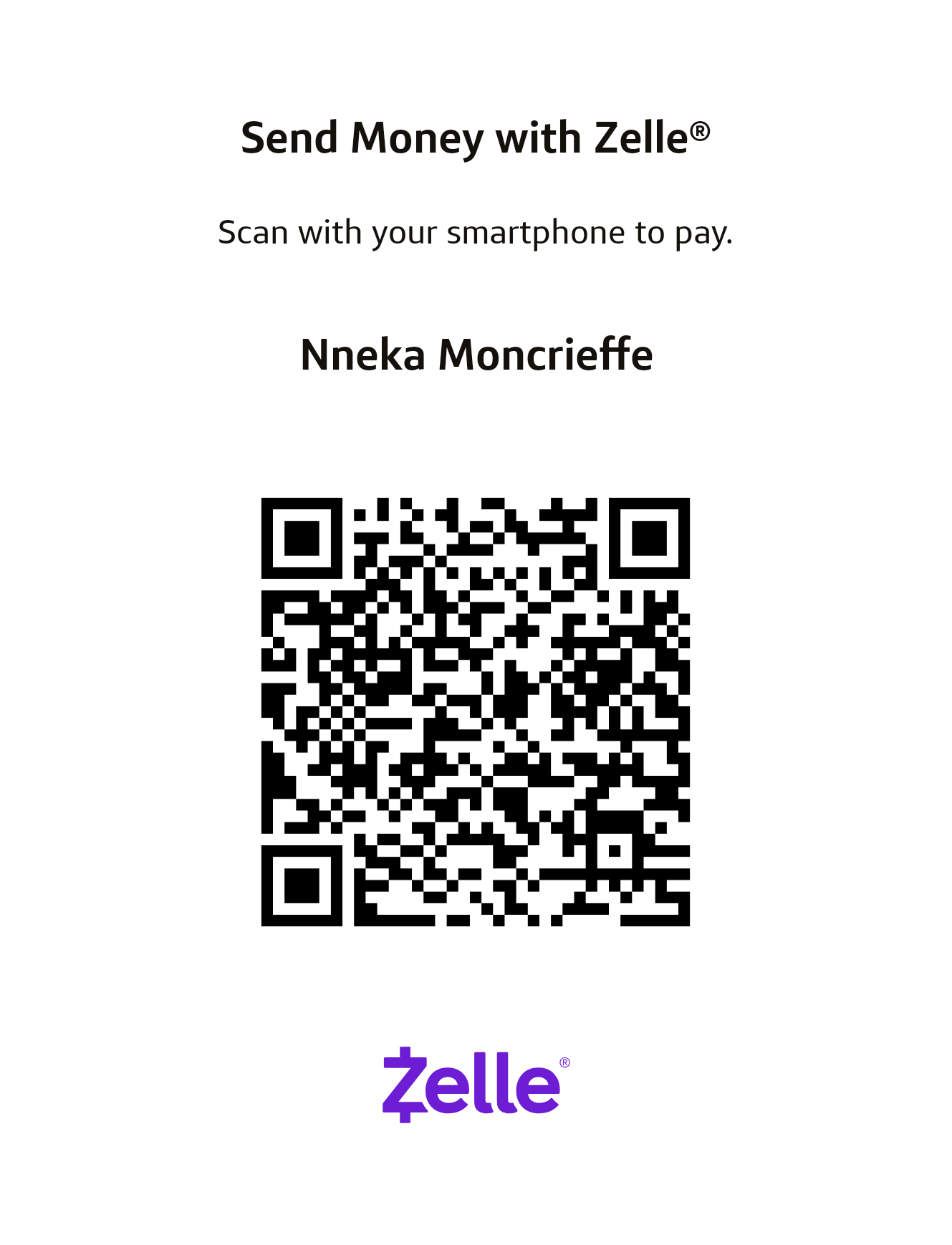 Send Money with Zelle - scan to pay Nneka Moncrieffe